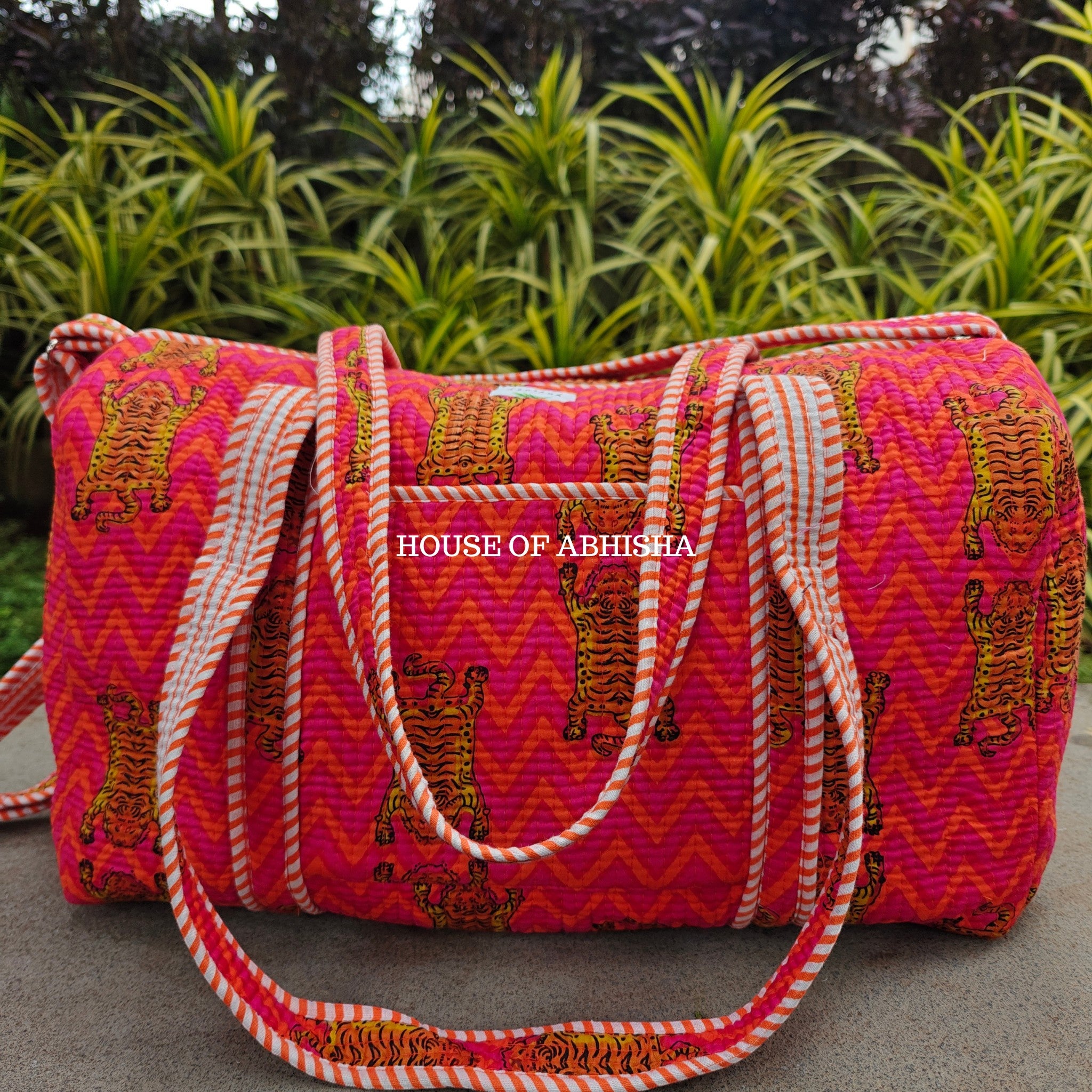Block Printed Quilted Striped Tiger Duffle Bag