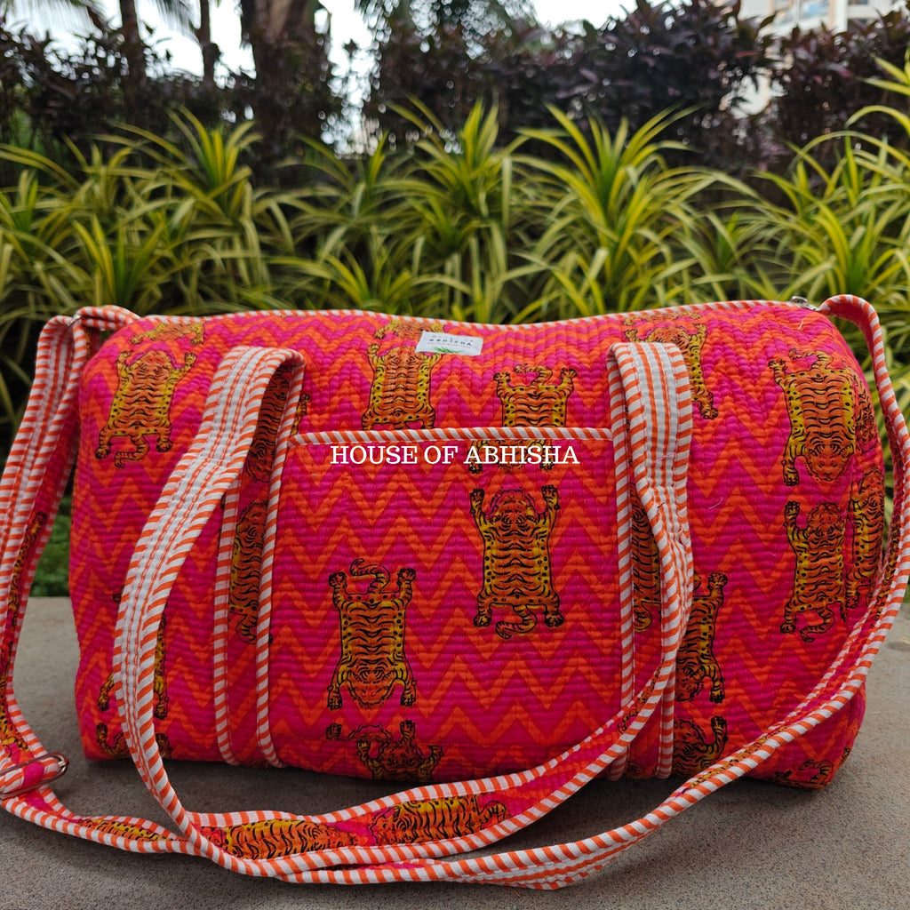 Block Printed Quilted Striped Tiger Duffle Bag