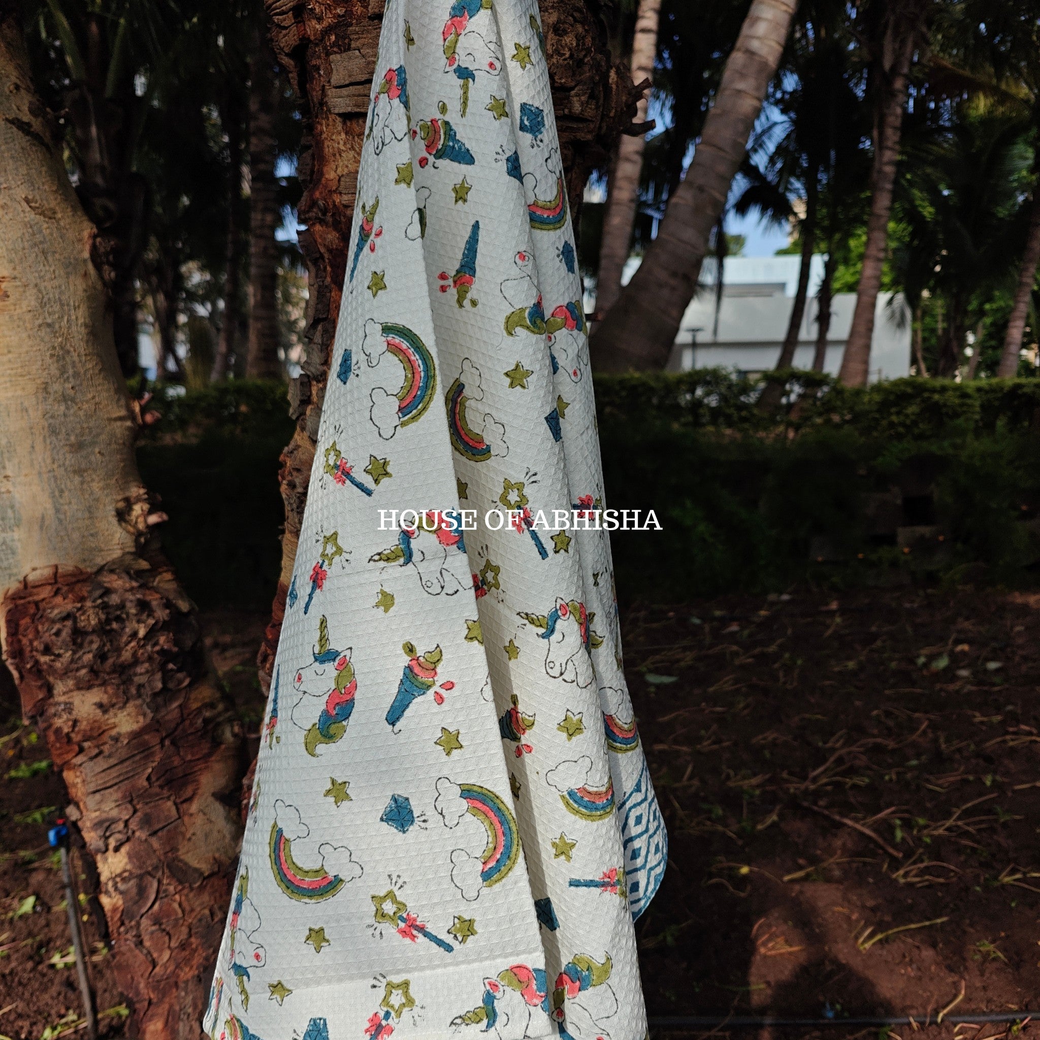 Rainbow Unicorn Handblock Waffle Cotton Towel