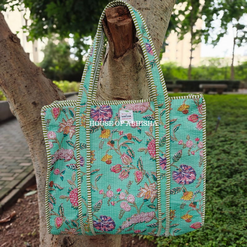 Paradise Garden Quilted Cotton Tote Bag + Pouch (Set of 3) Combo