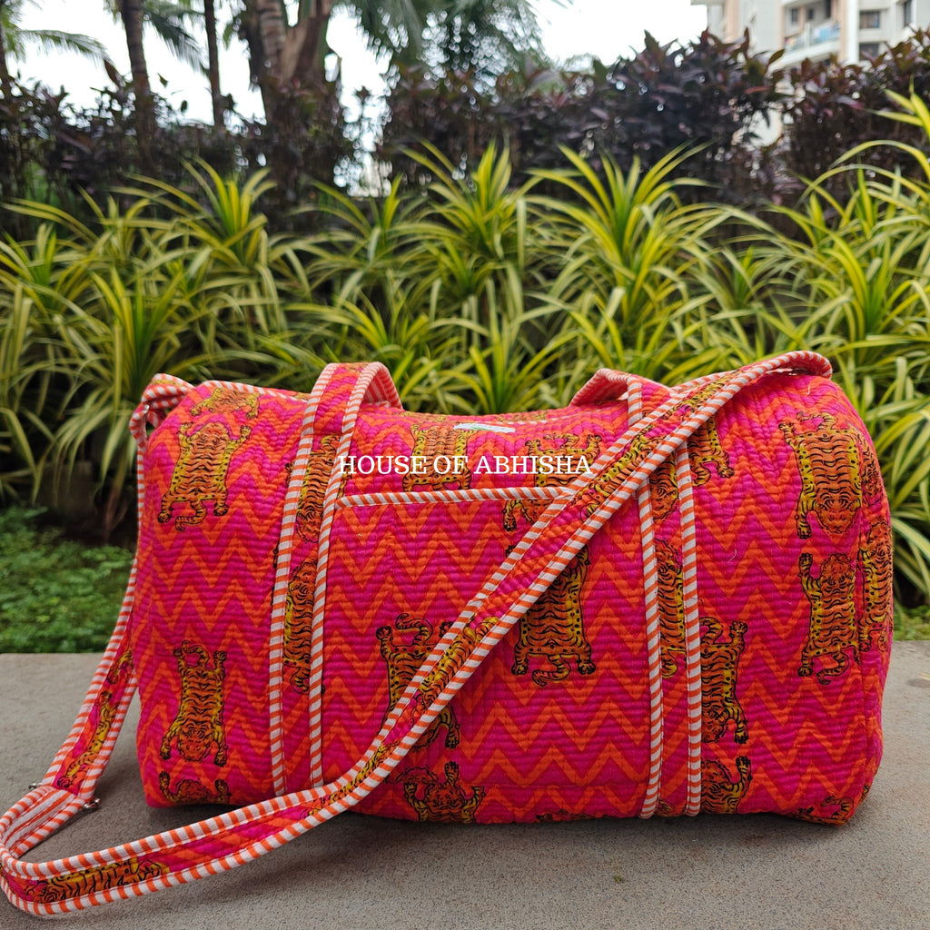 Block Printed Quilted Striped Tiger Duffle Bag