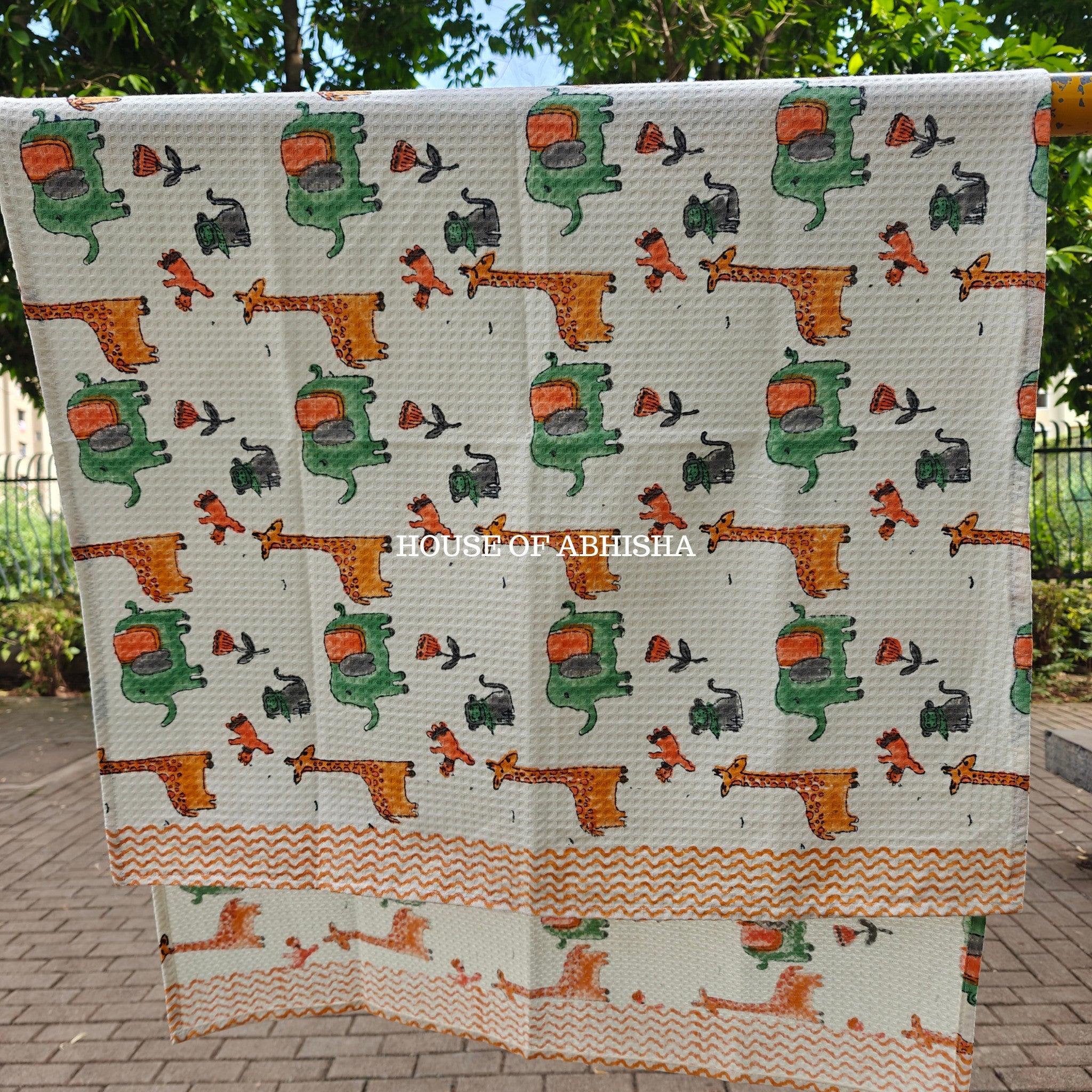 Royal Jungle Elephant Handblock Waffle Cotton Towel