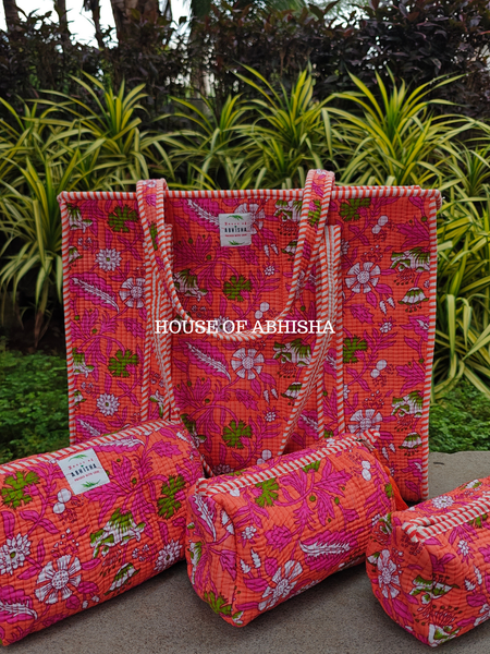 Bagh-e-Gul Quilted Cotton Tote Bag + Pouch (Set of 3) Combo