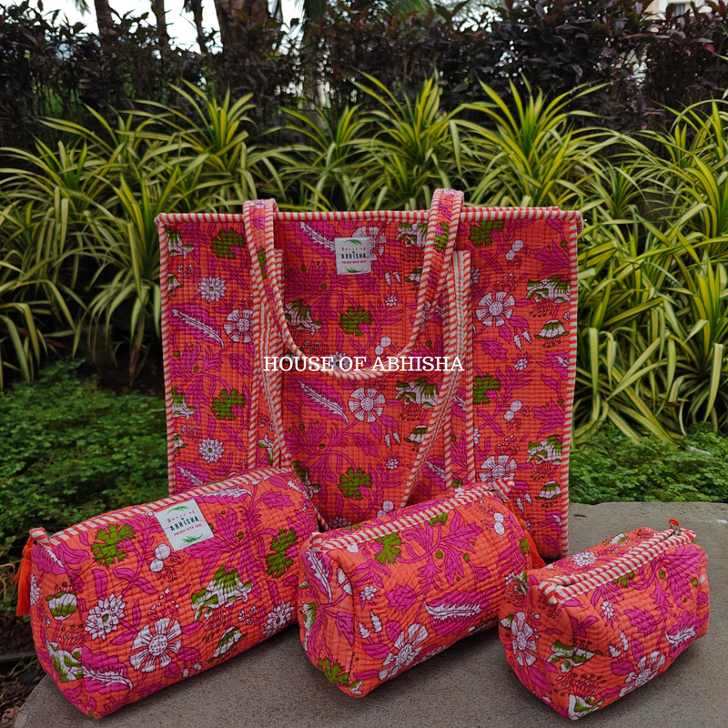 Bagh-e-Gul Quilted Cotton Tote Bag + Pouch (Set of 3) Combo
