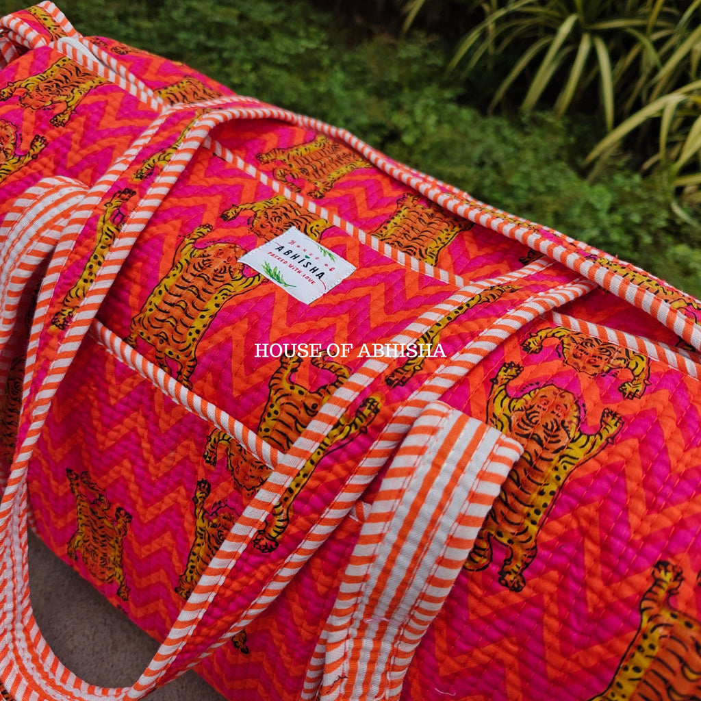 Block Printed Quilted Striped Tiger Duffle Bag