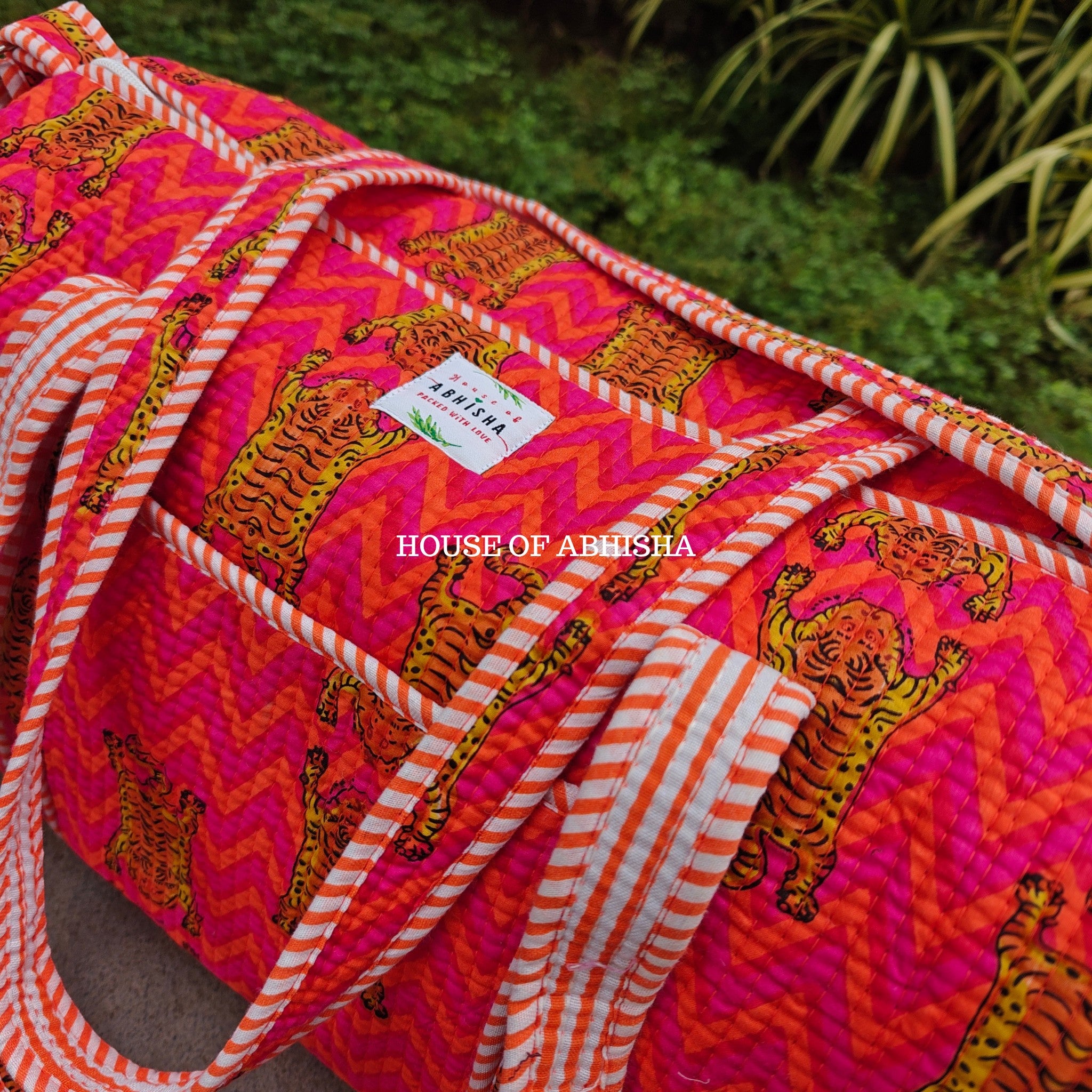 Block Printed Quilted Striped Tiger Duffle Bag