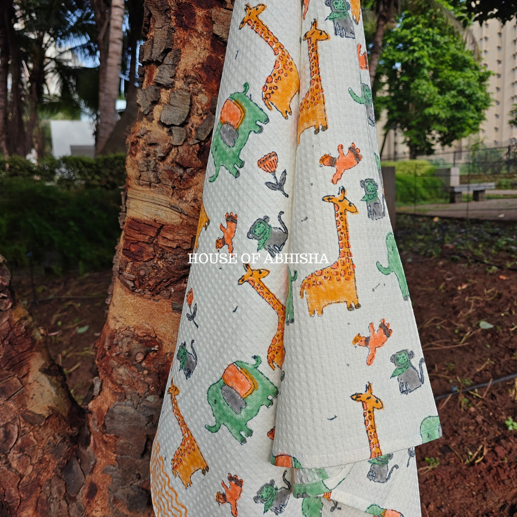 Royal Jungle Elephant Handblock Waffle Cotton Towel