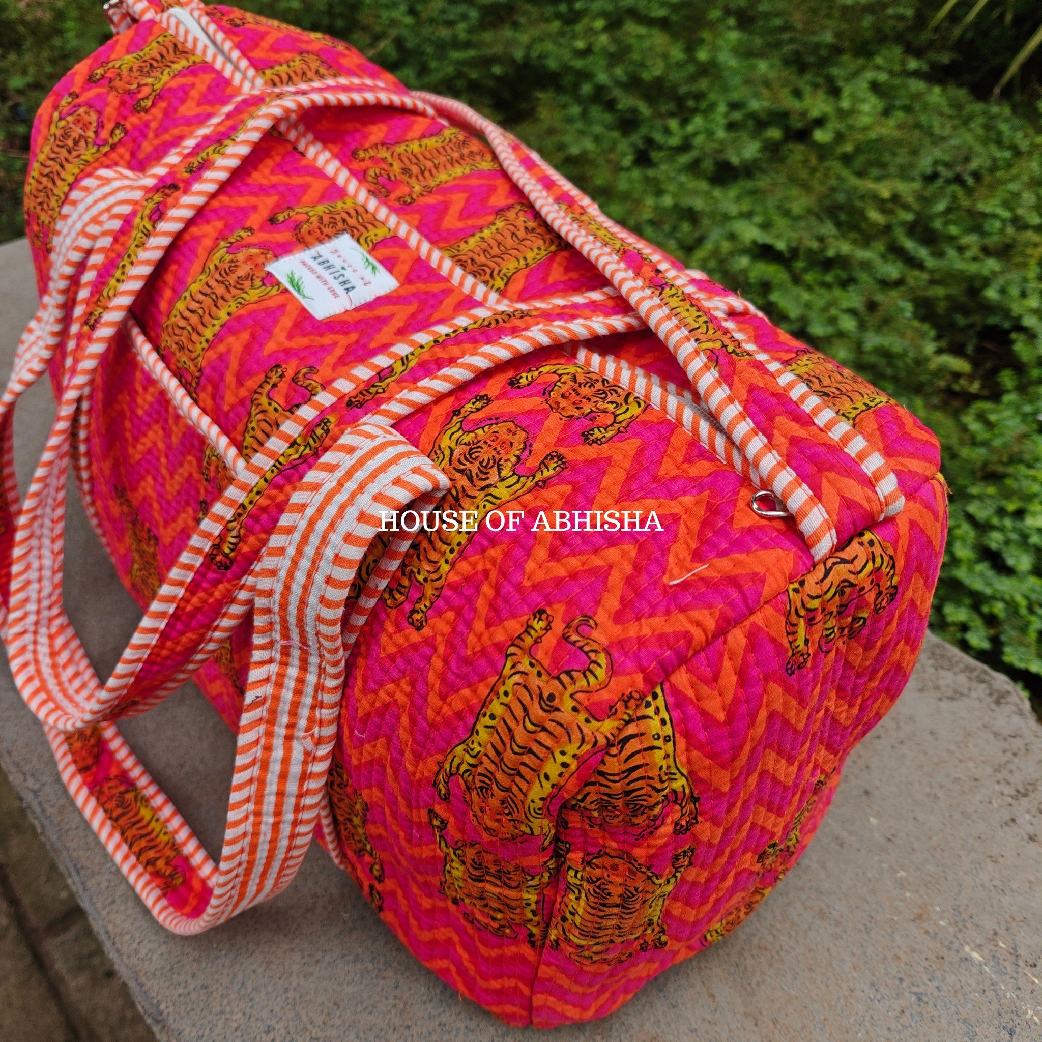 Block Printed Quilted Striped Tiger Duffle Bag