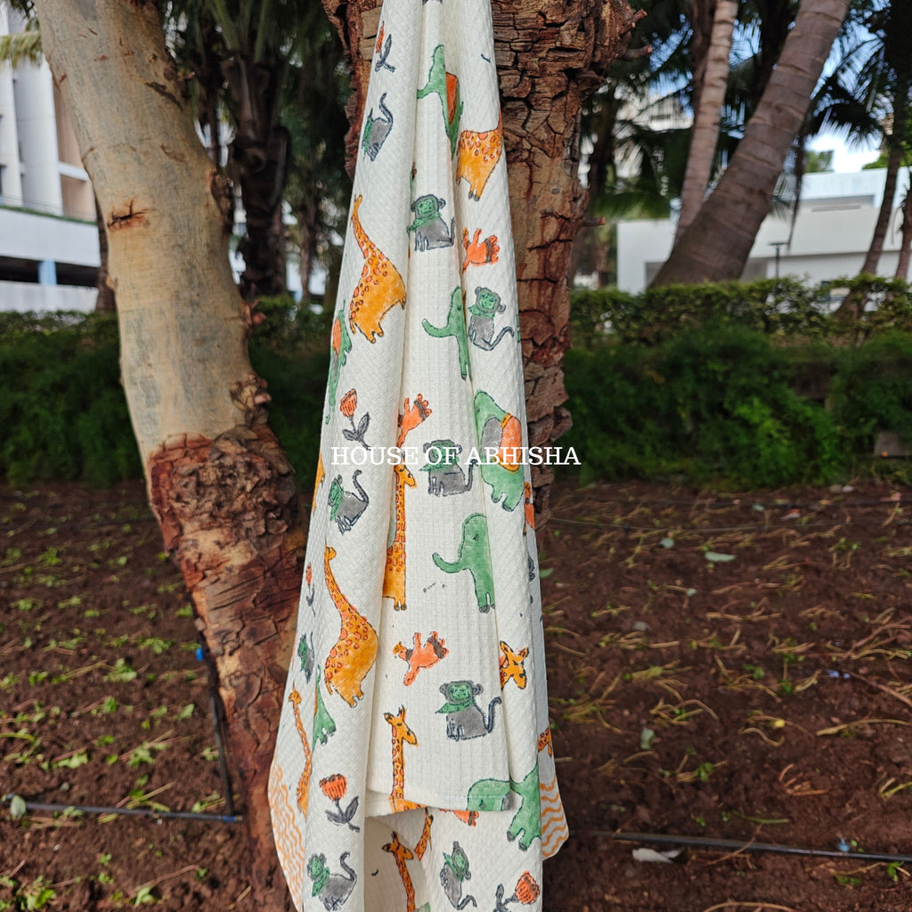 Royal Jungle Elephant Handblock Waffle Cotton Towel