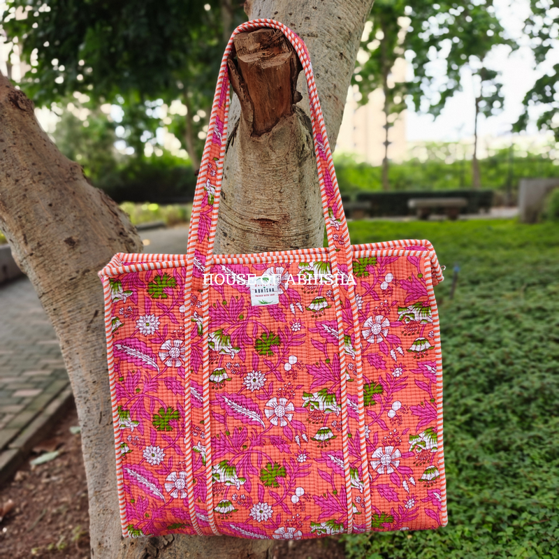 Bagh-e-Gul Quilted Cotton Tote Bag + Pouch (Set of 3) Combo
