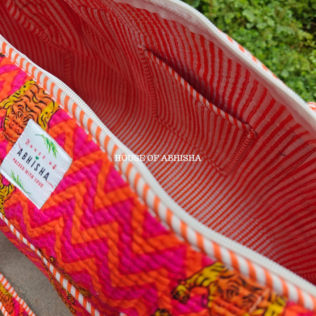 Block Printed Quilted Striped Tiger Duffle Bag