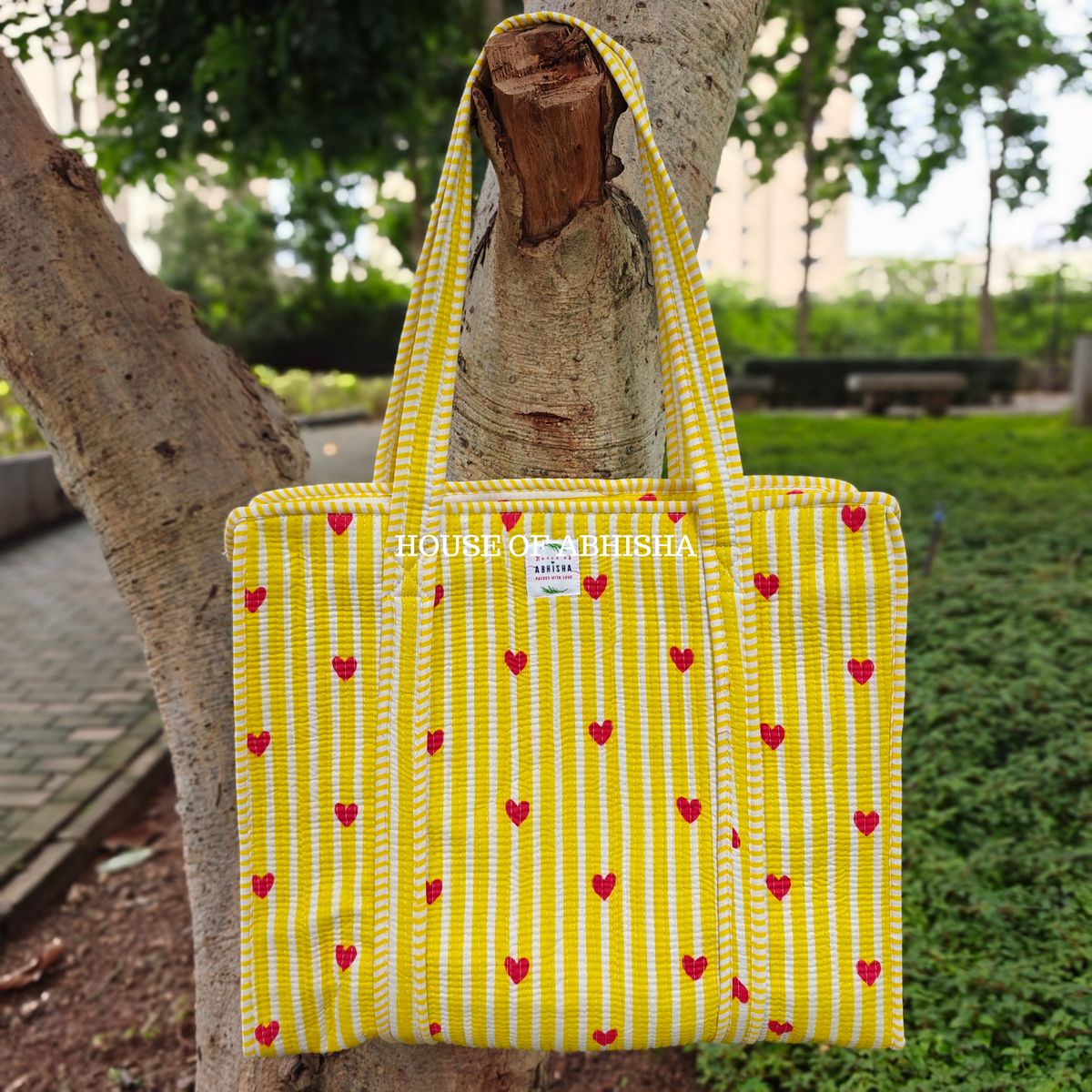 Little Hearts Quilted Cotton Tote Bag + Pouch (Set of 3) Combo