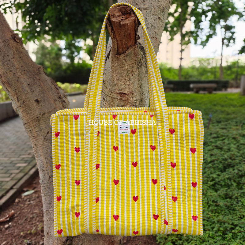 Little Hearts Quilted Cotton Tote Bag + Pouch (Set of 3) Combo