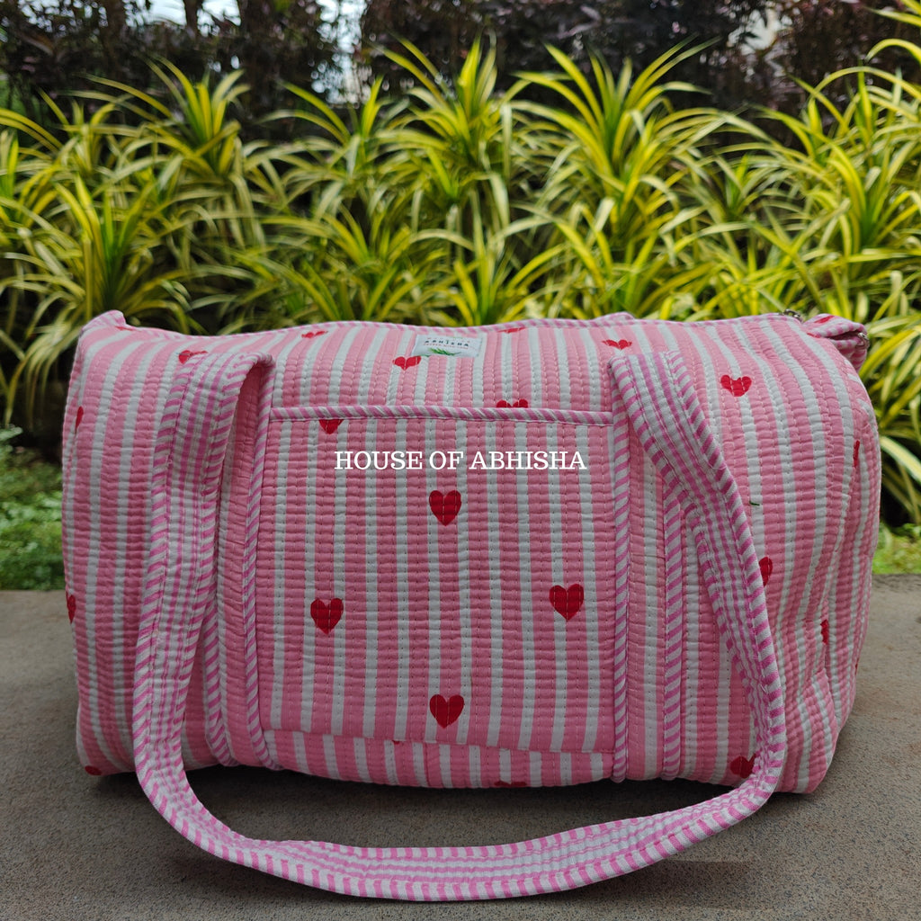 Block Printed Quilted Striped Pink Heart Duffle Bag