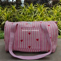 Block Printed Quilted Striped Pink Heart Duffle Bag