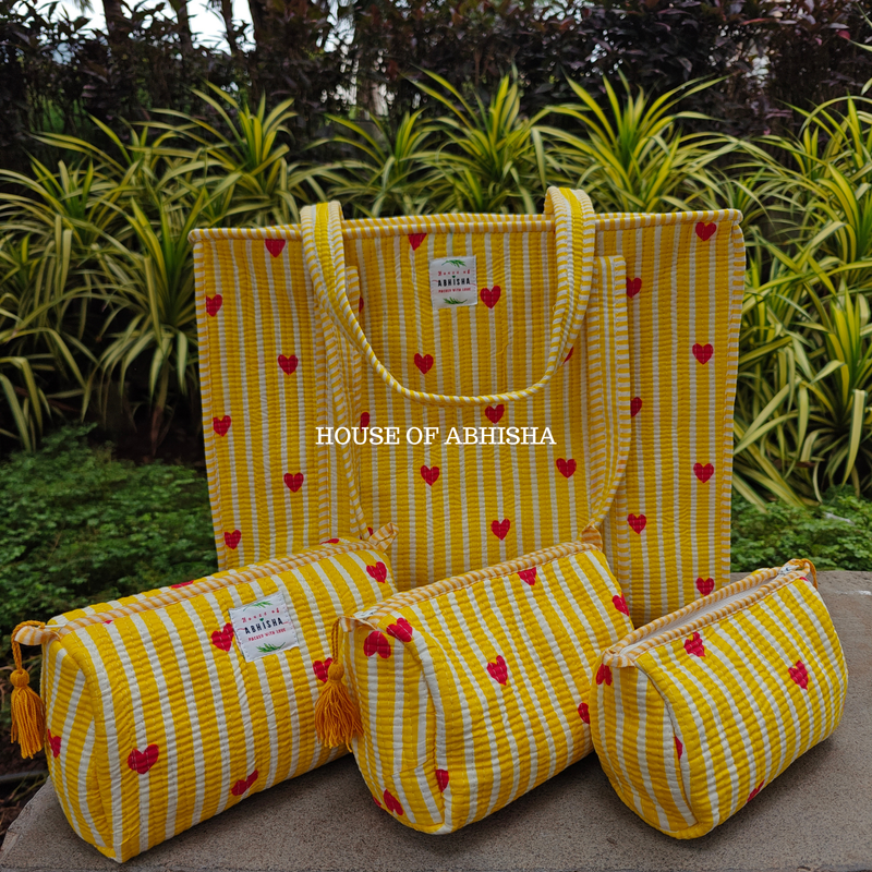 Little Hearts Quilted Cotton Tote Bag + Pouch (Set of 3) Combo