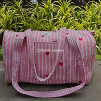 Block Printed Quilted Striped Pink Heart Duffle Bag