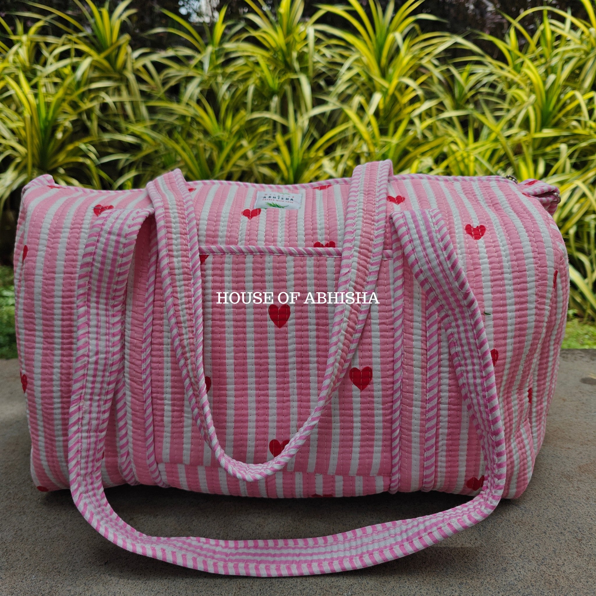 Block Printed Quilted Striped Pink Heart Duffle Bag