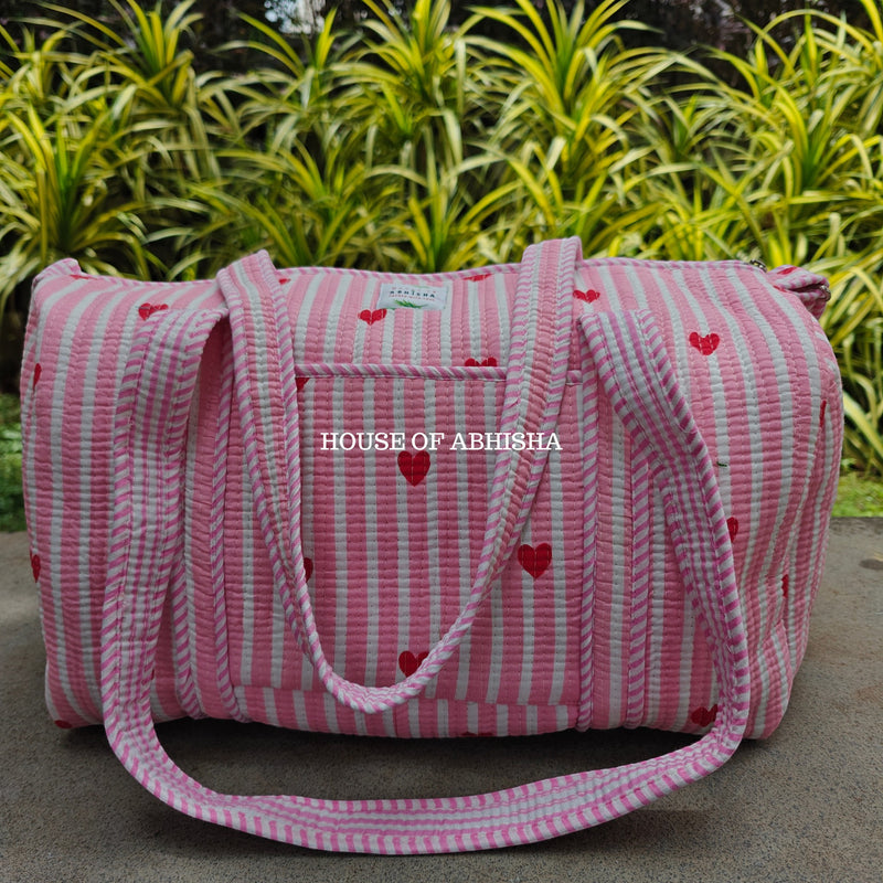 Block Printed Quilted Striped Pink Heart Duffle Bag