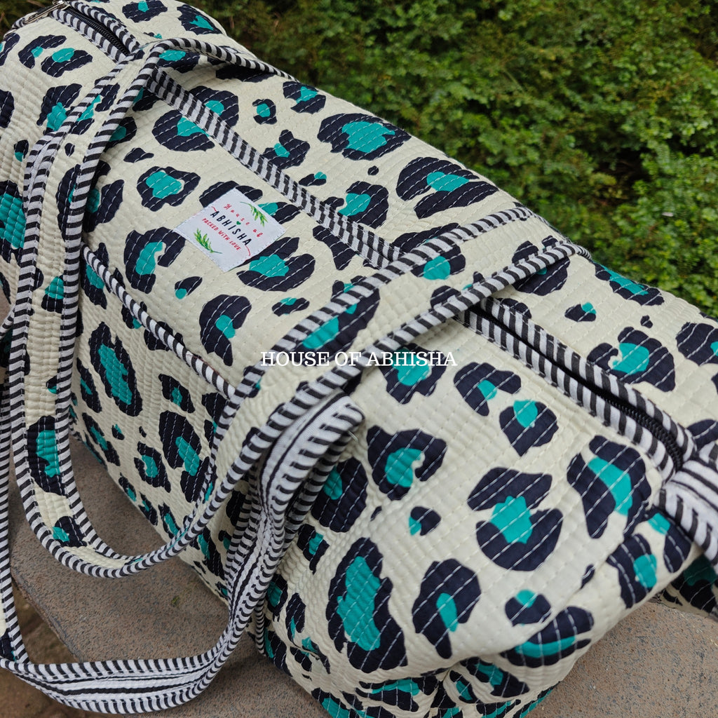 Block Printed Quilted Leopard Duffle Bag