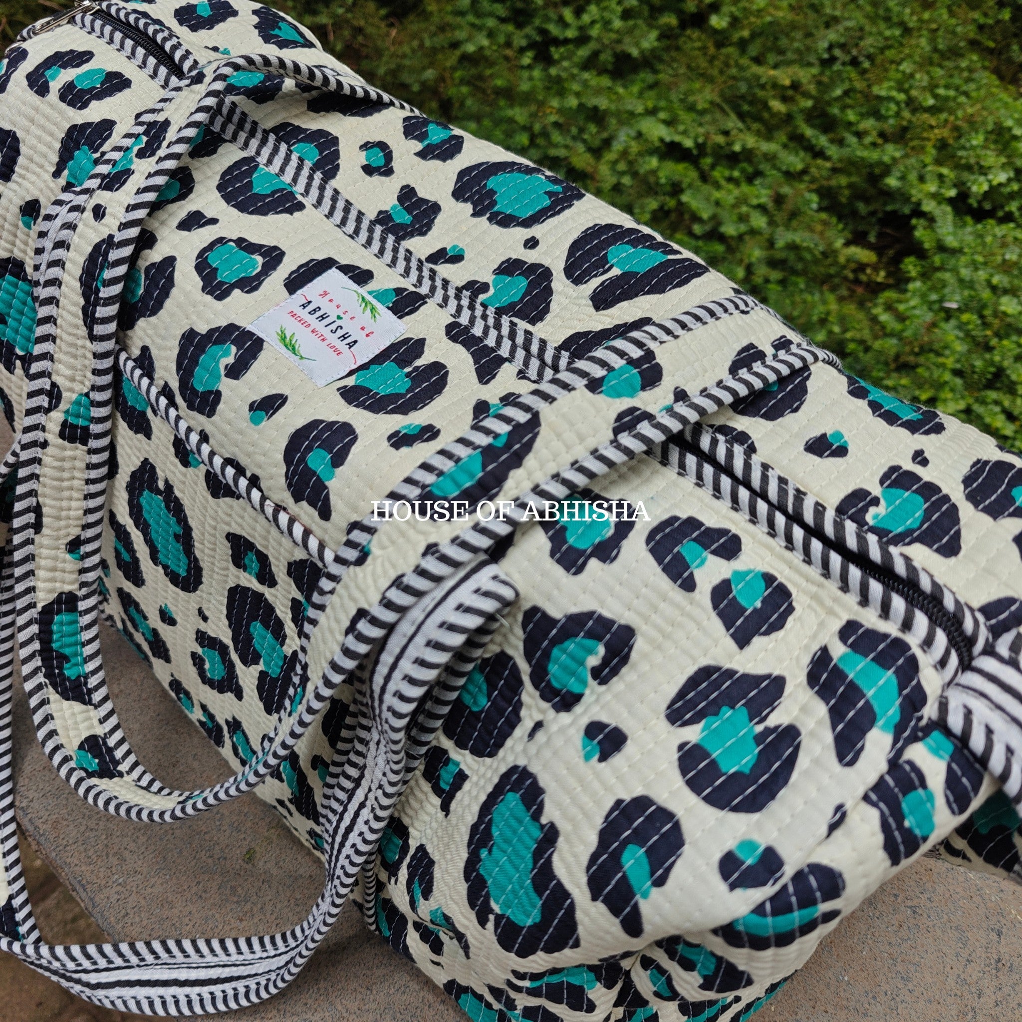 Block Printed Quilted Leopard Duffle Bag