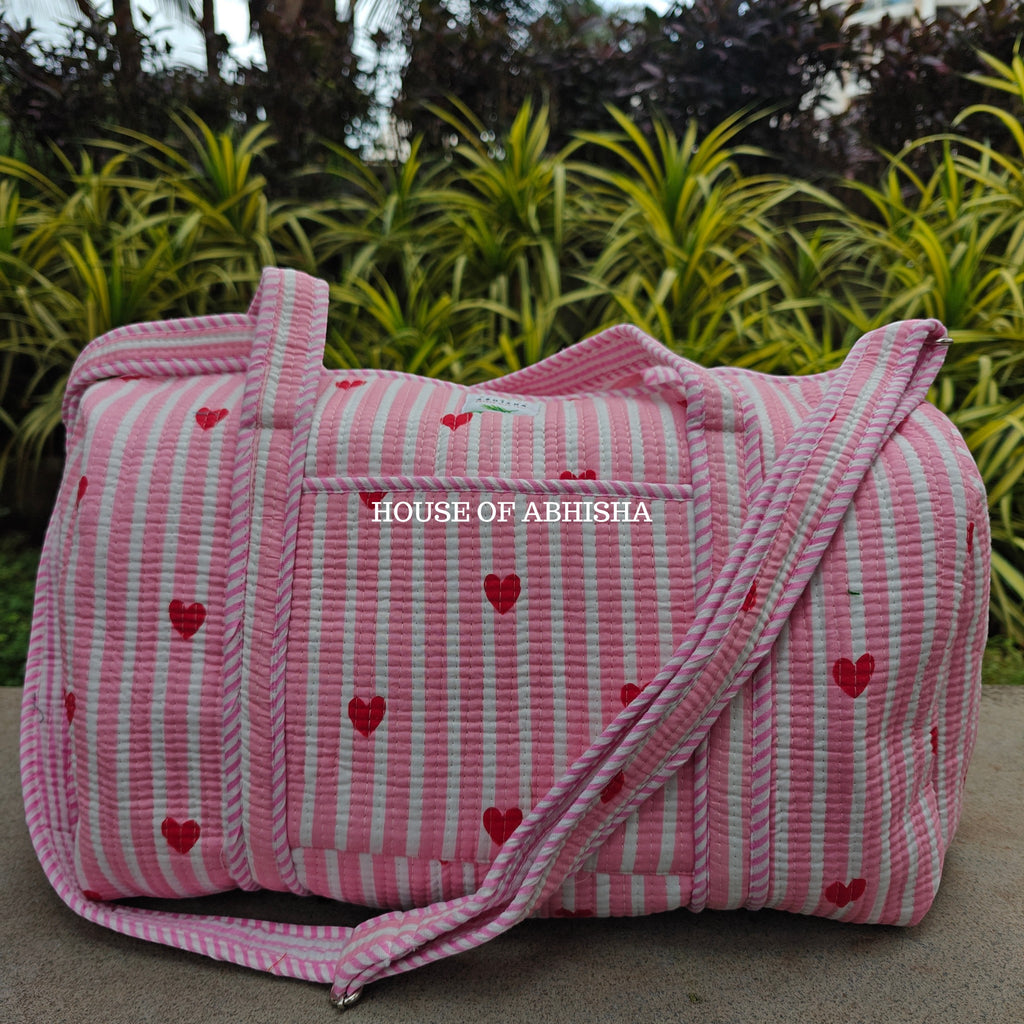 Block Printed Quilted Striped Pink Heart Duffle Bag