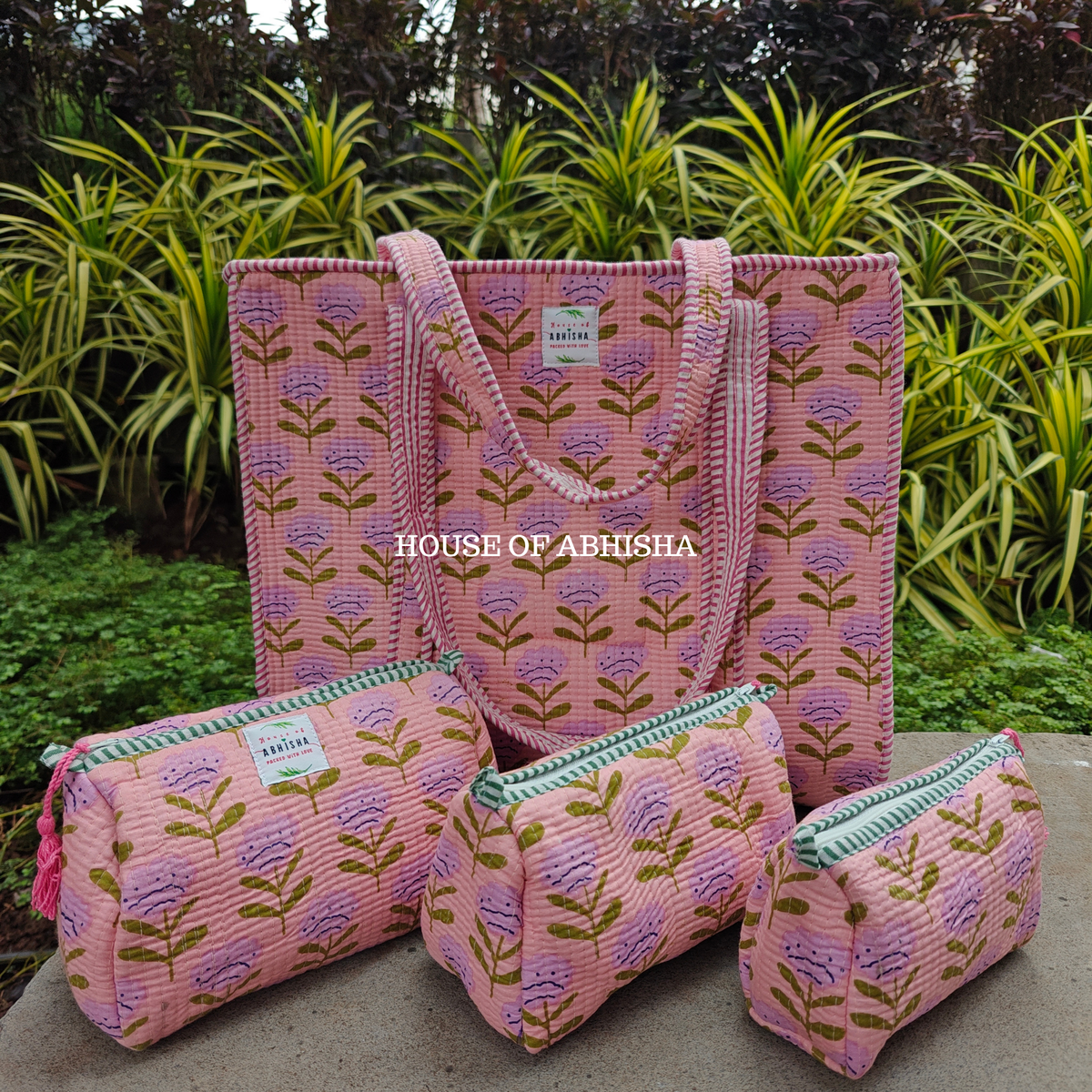 Vanika Quilted Cotton Tote Bag + Pouch (Set of 3) Combo