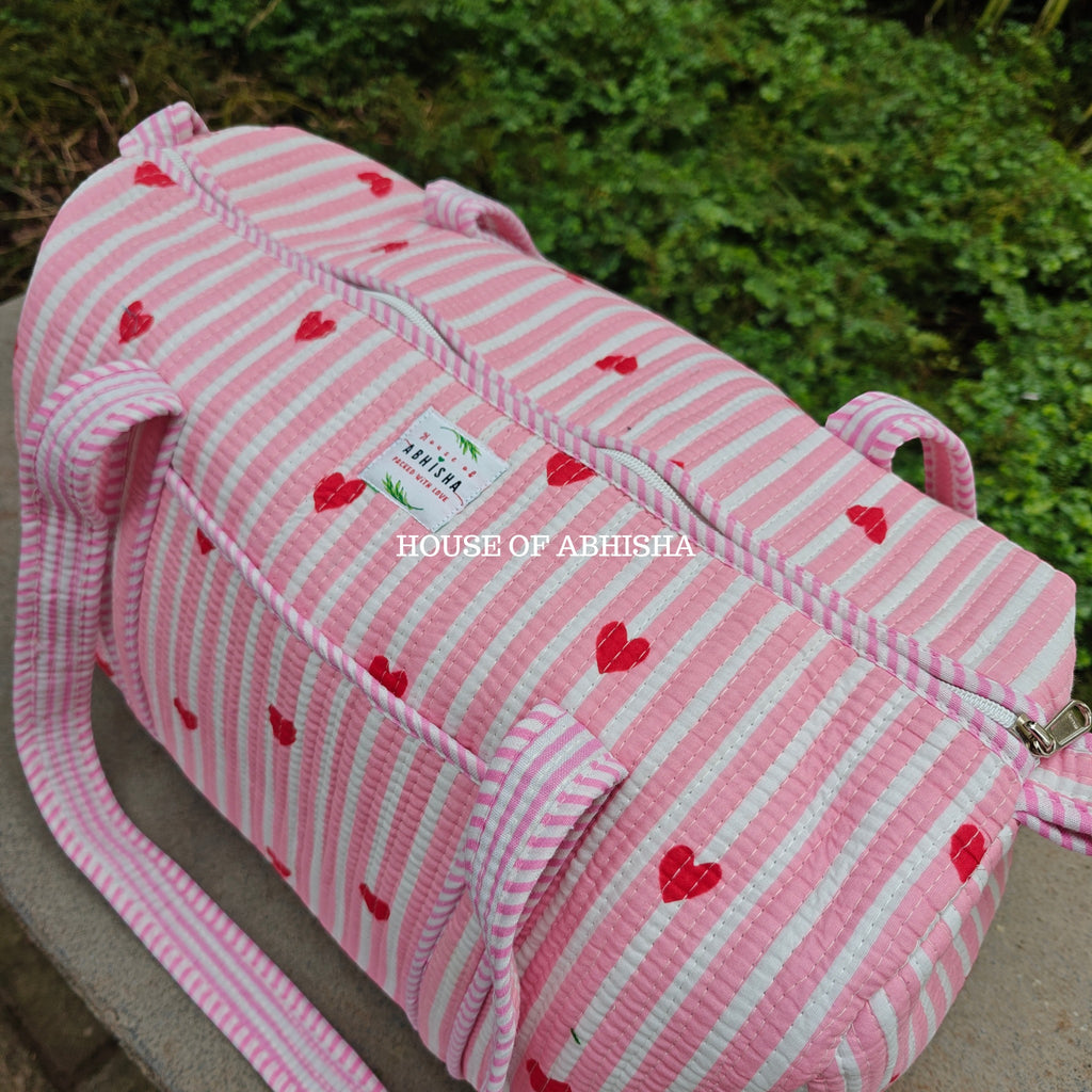 Block Printed Quilted Striped Pink Heart Duffle Bag