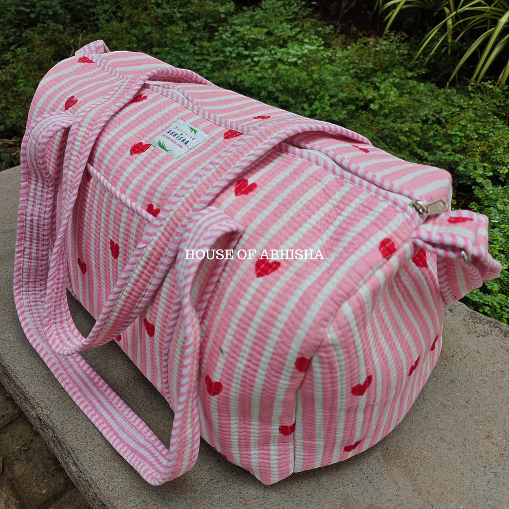 Block Printed Quilted Striped Pink Heart Duffle Bag