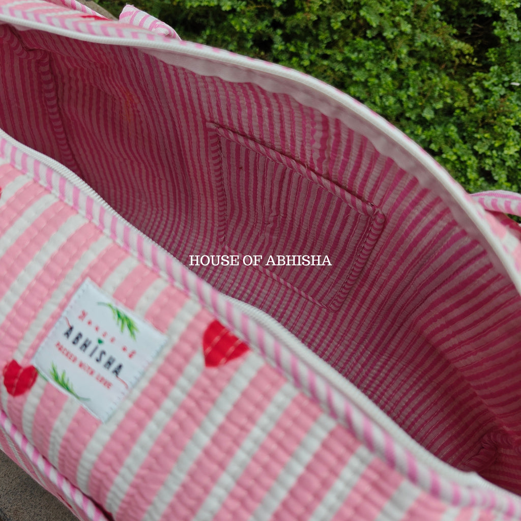 Block Printed Quilted Striped Pink Heart Duffle Bag
