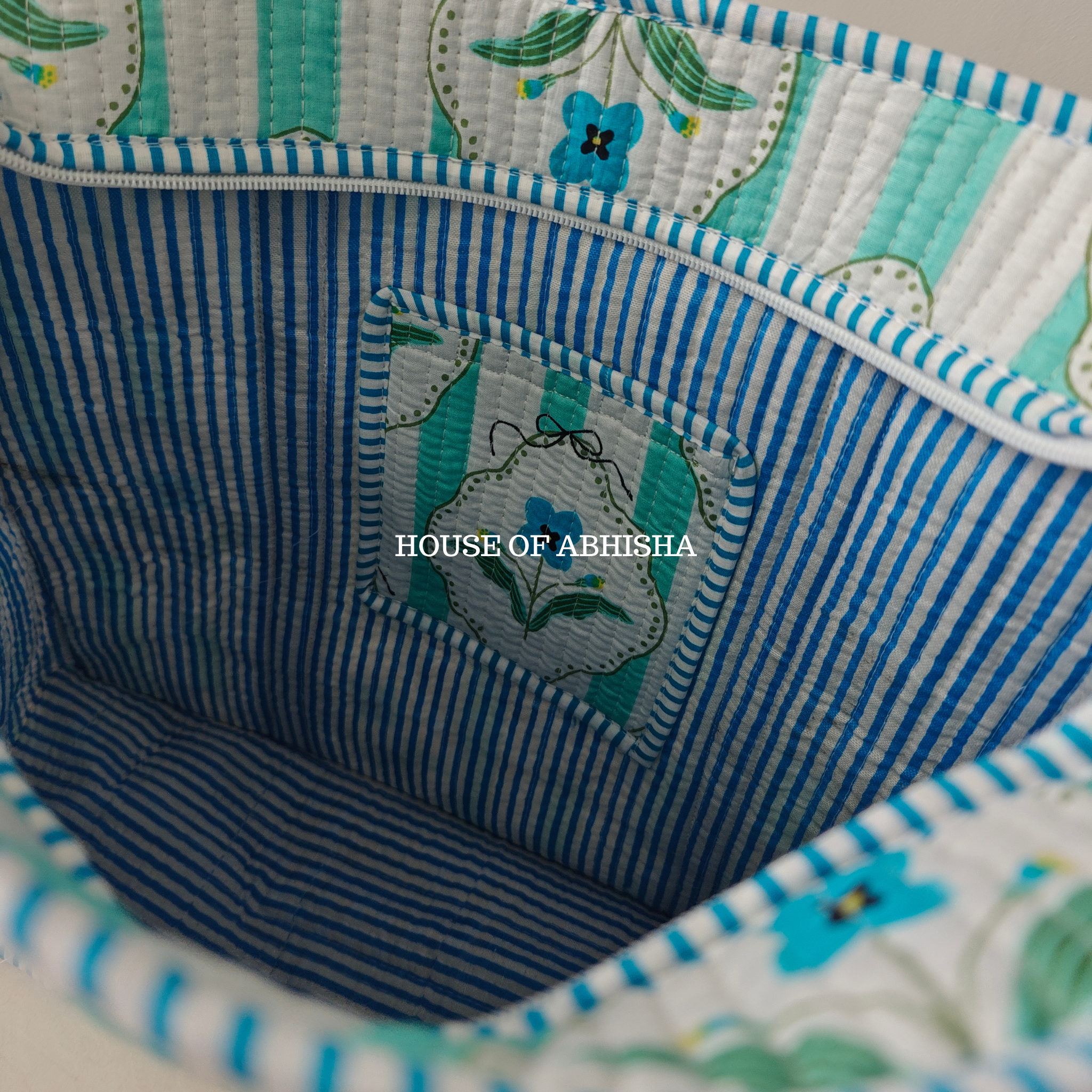Striped Blossom Quilted Cotton Tote Bag