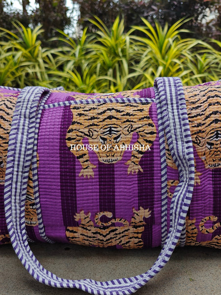 Block Printed Quilted Striped Purple Tiger Duffle Bag