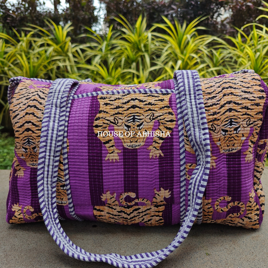 Block Printed Quilted Striped Purple Tiger Duffle Bag