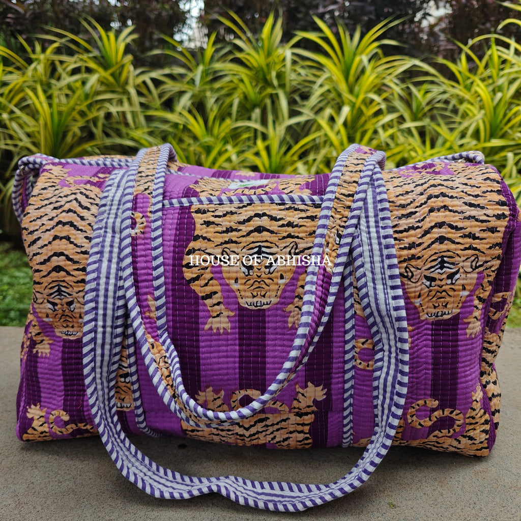 Block Printed Quilted Striped Purple Tiger Duffle Bag