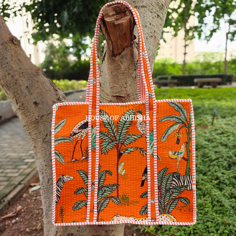 Jungle Jadoo Quilted Cotton Tote Bag + Pouch (Set of 3) Combo