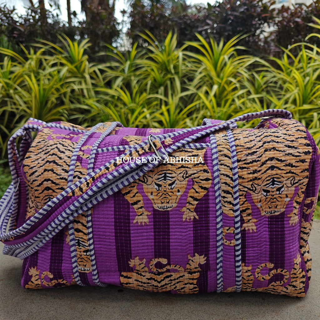 Block Printed Quilted Striped Purple Tiger Duffle Bag