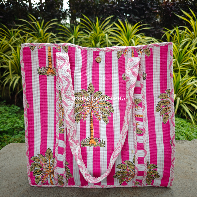 Palm Grove Quilted Cotton Tote Bag + Pouch (Set of 3) Combo