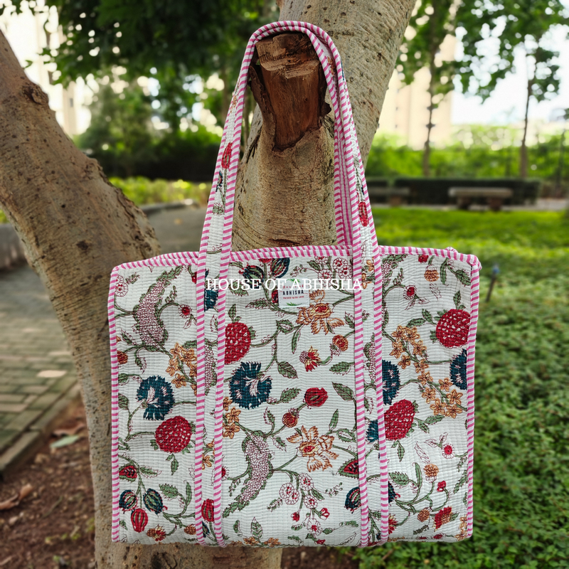 Rajnigandha Quilted Cotton Tote Bag + Pouch (Set of 3) Combo