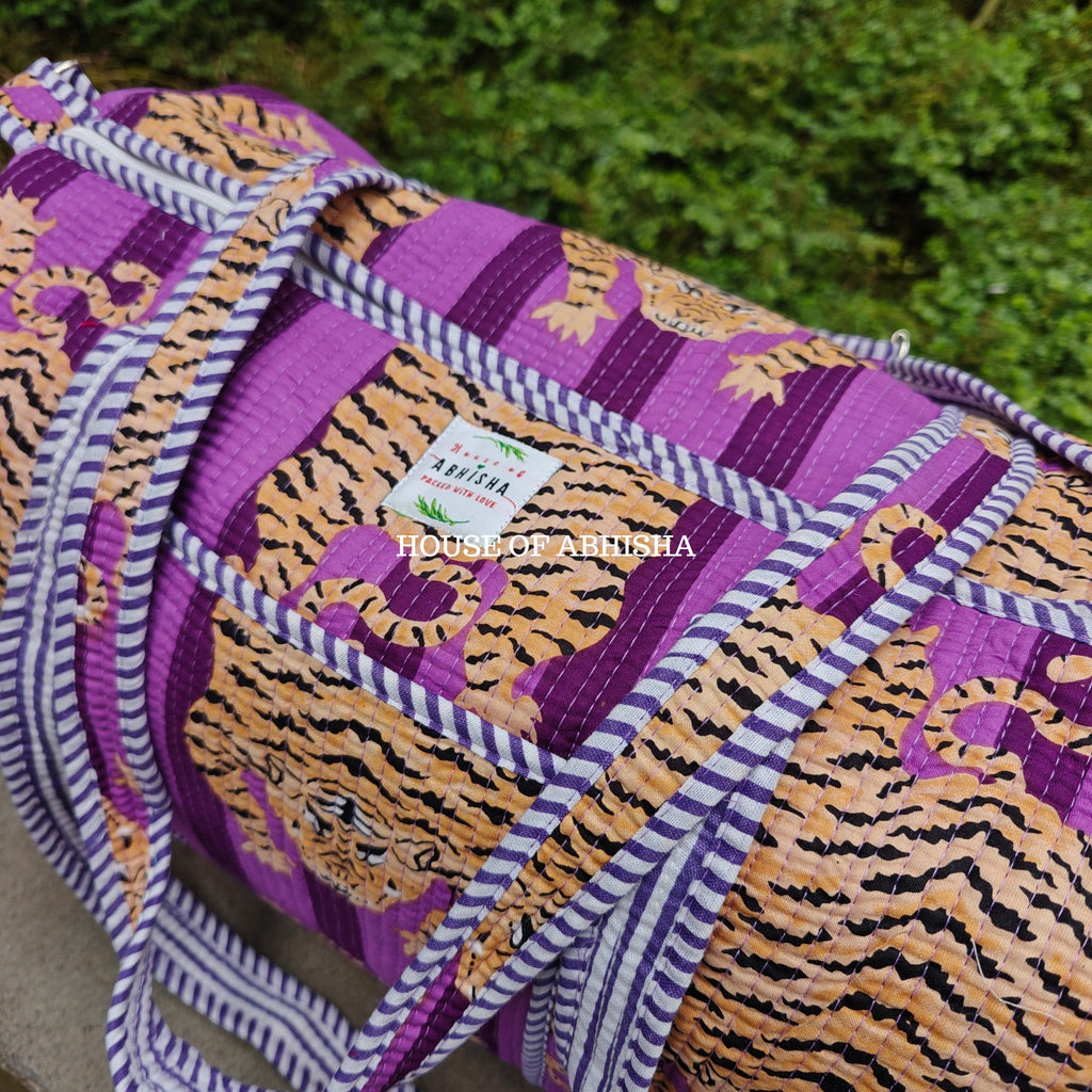 Block Printed Quilted Striped Purple Tiger Duffle Bag
