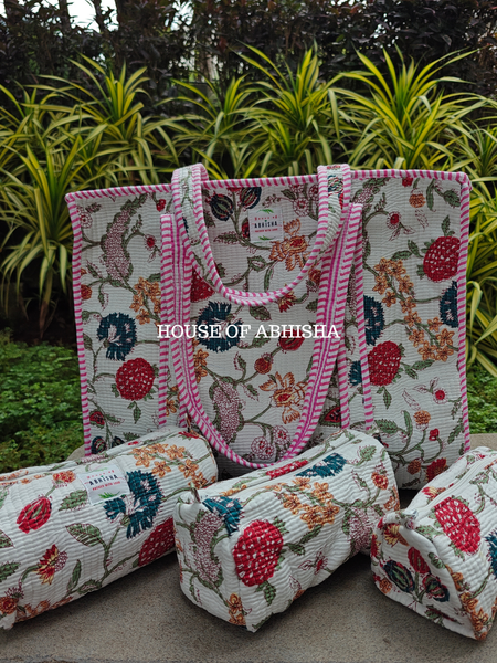 Rajnigandha Quilted Cotton Tote Bag + Pouch (Set of 3) Combo