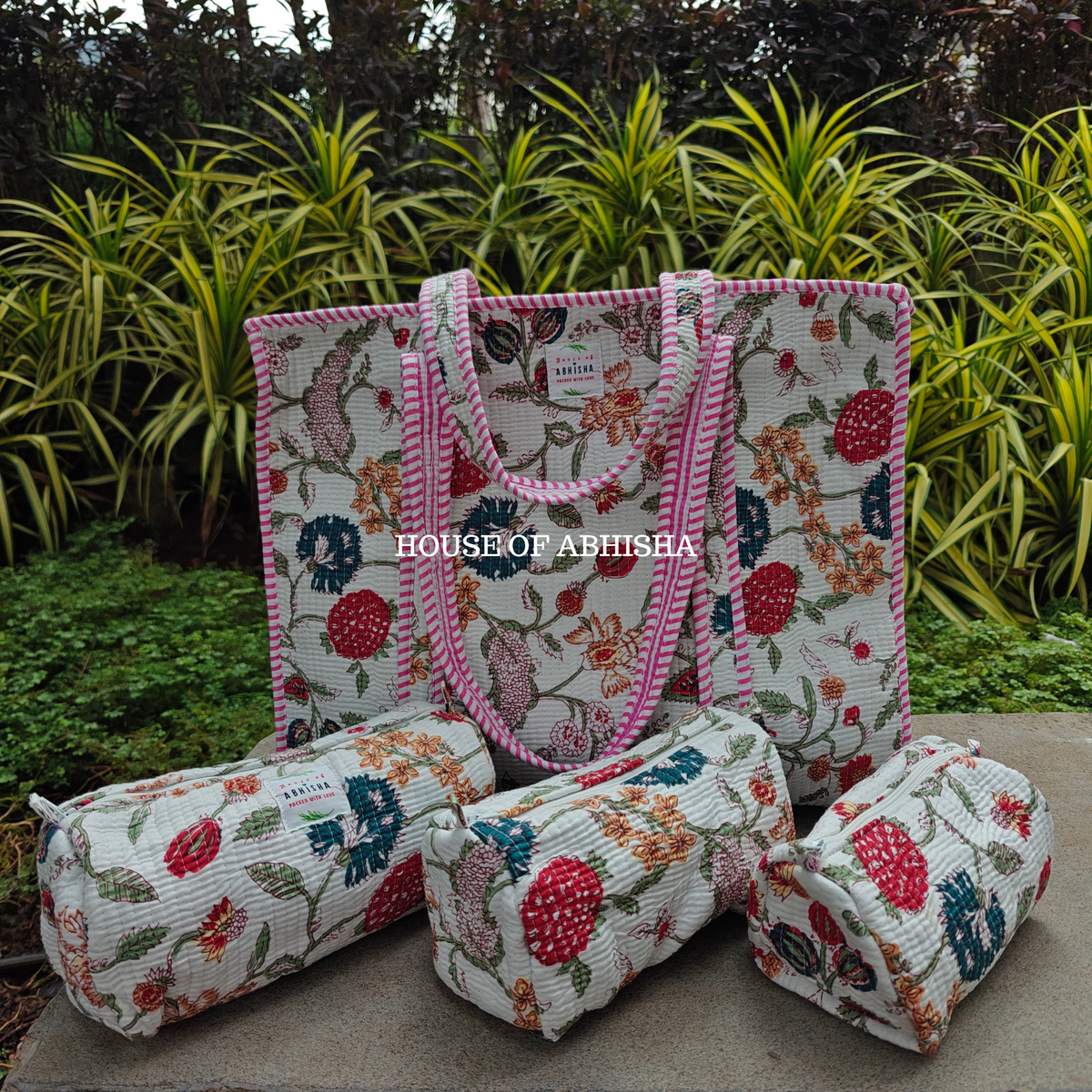Rajnigandha Quilted Cotton Tote Bag + Pouch (Set of 3) Combo