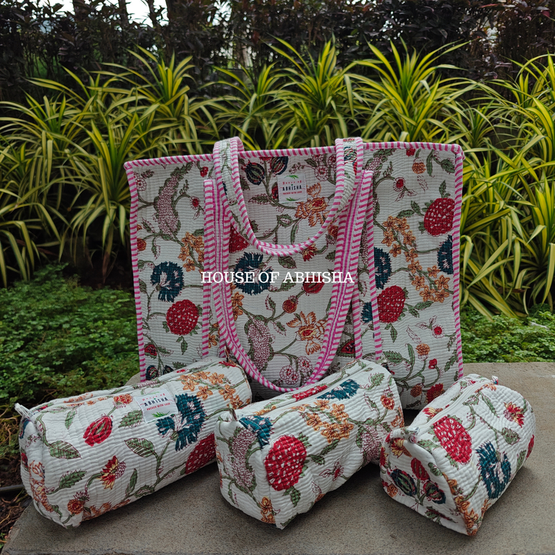 Rajnigandha Quilted Cotton Tote Bag + Pouch (Set of 3) Combo