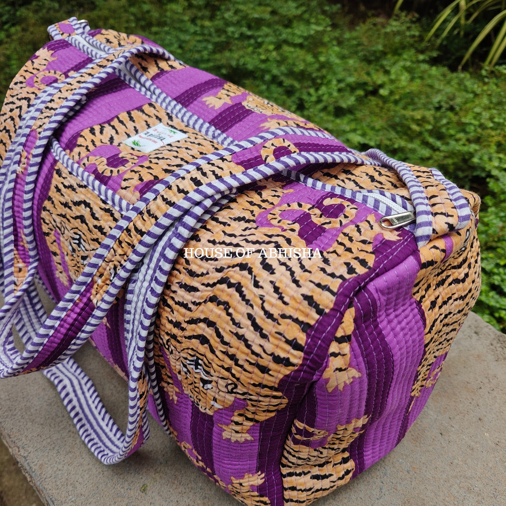 Block Printed Quilted Striped Purple Tiger Duffle Bag