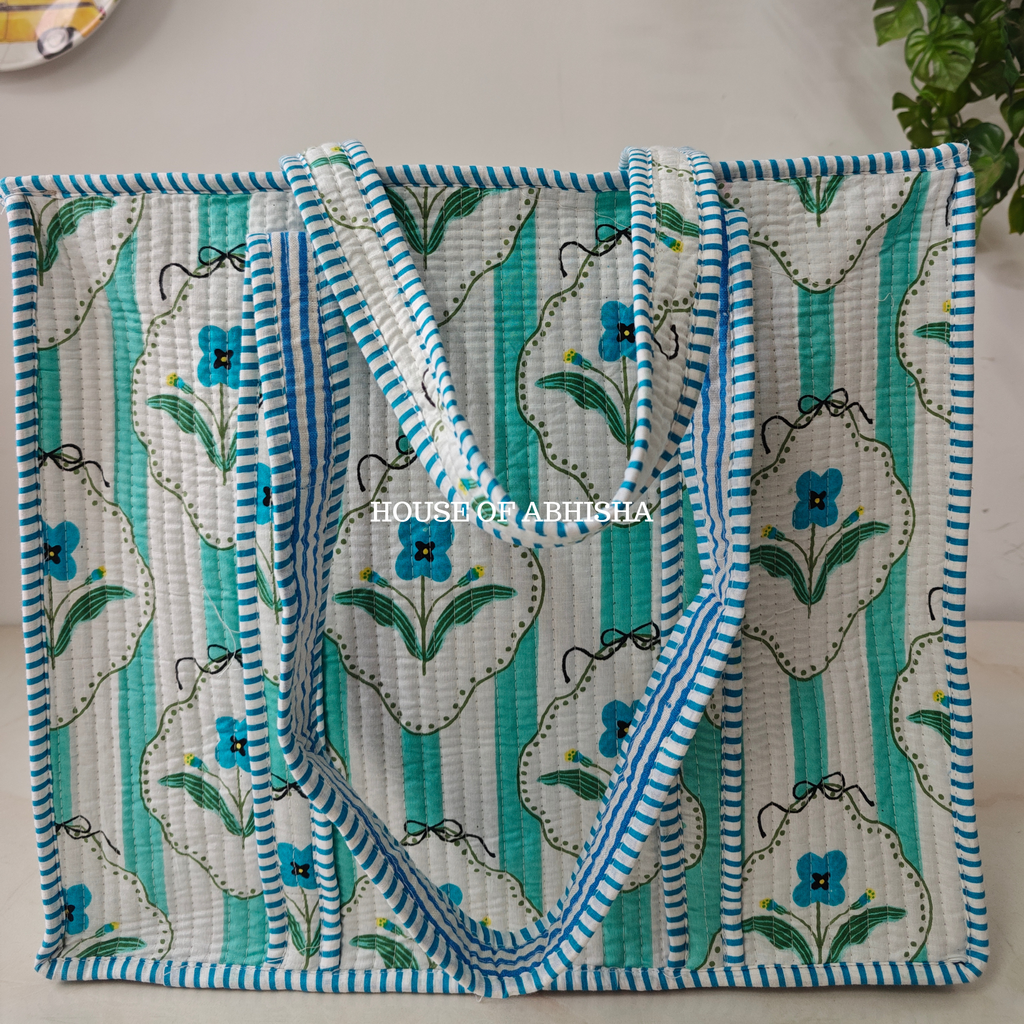 Striped Blossom Quilted Cotton Tote Bag