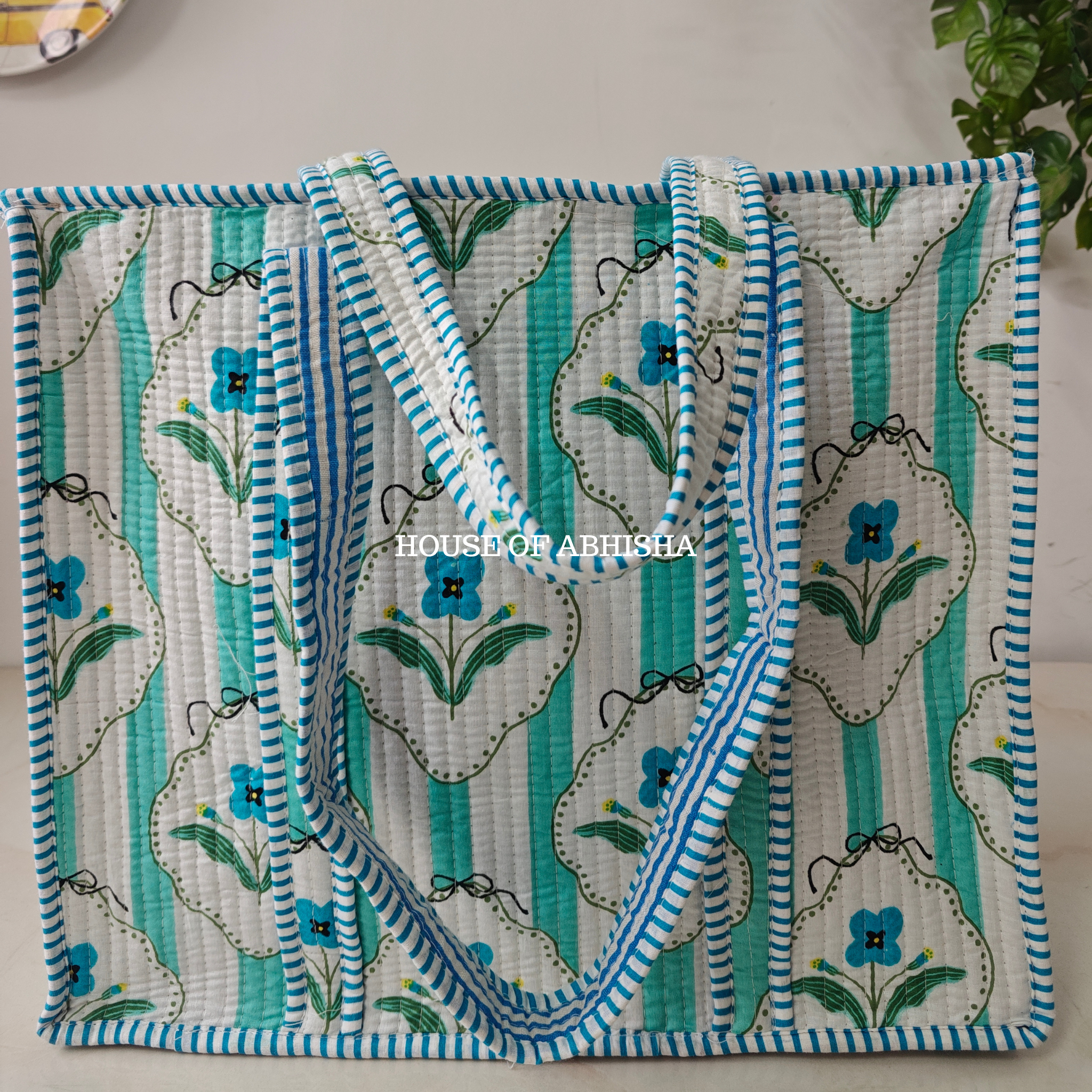 Striped Blossom Quilted Cotton Tote Bag