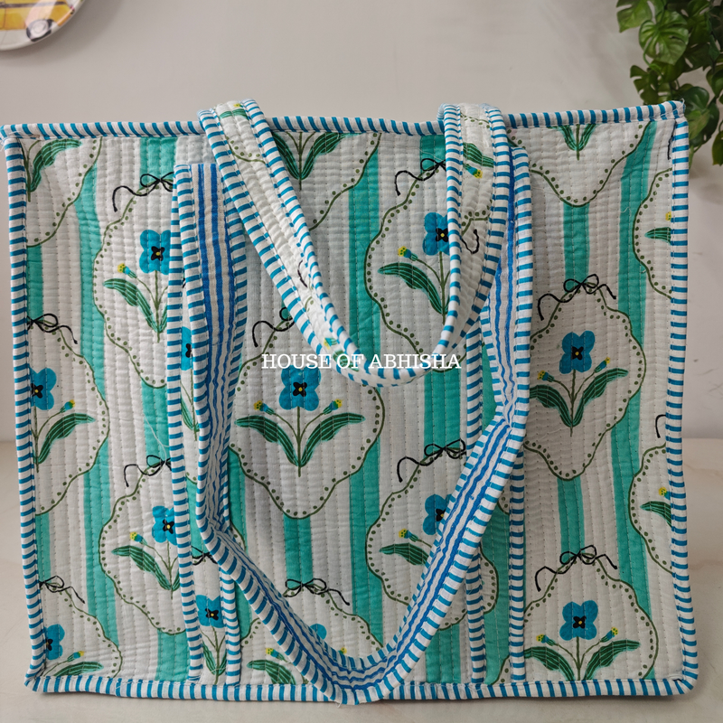 Striped Blossom Quilted Cotton Tote Bag