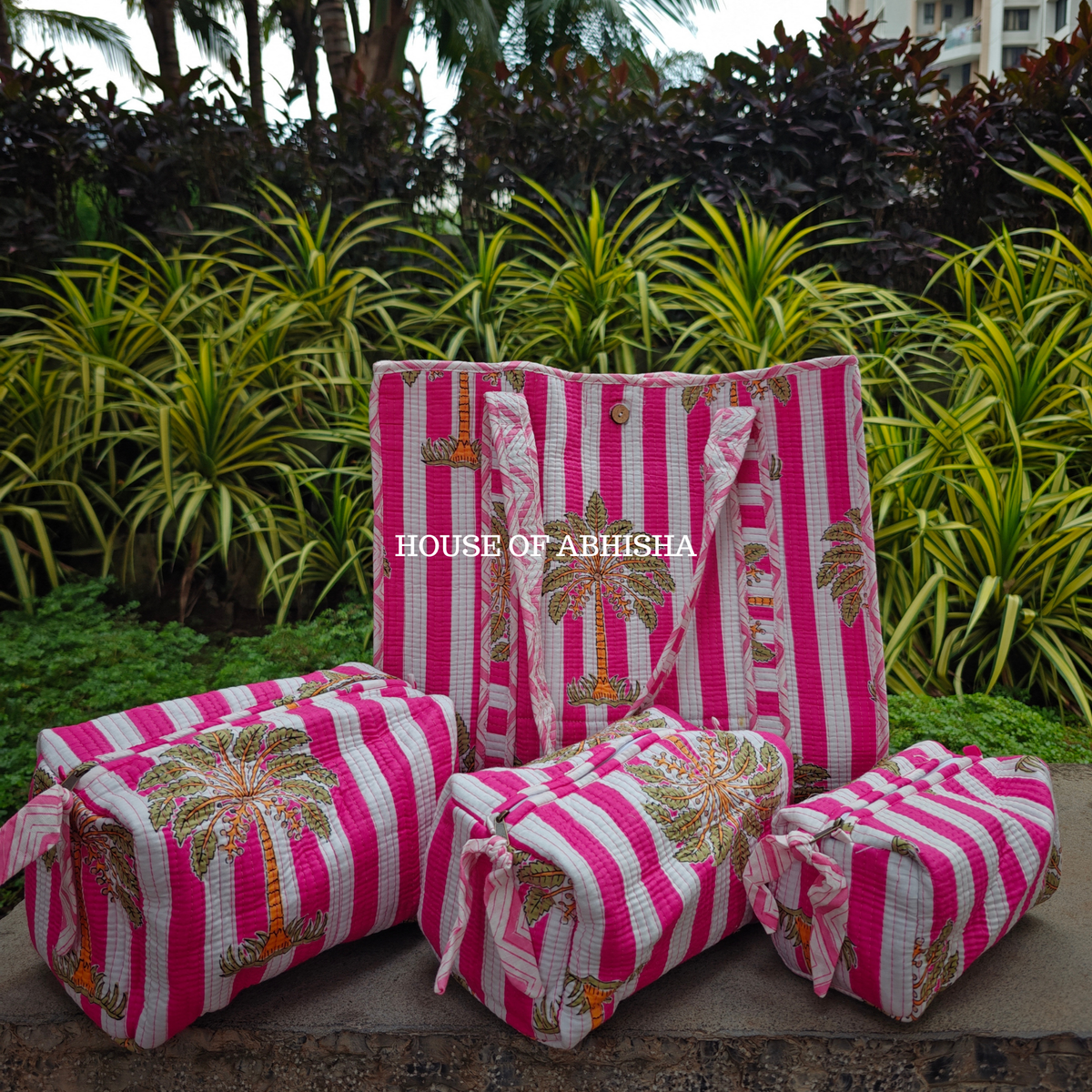 Palm Grove Quilted Cotton Tote Bag + Pouch (Set of 3) Combo