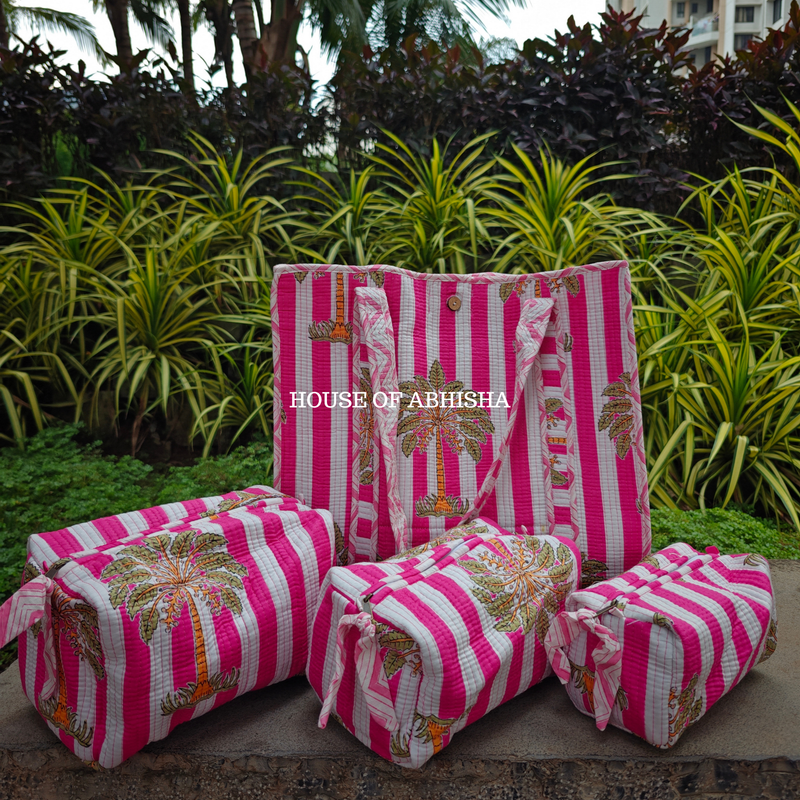 Palm Grove Quilted Cotton Tote Bag + Pouch (Set of 3) Combo