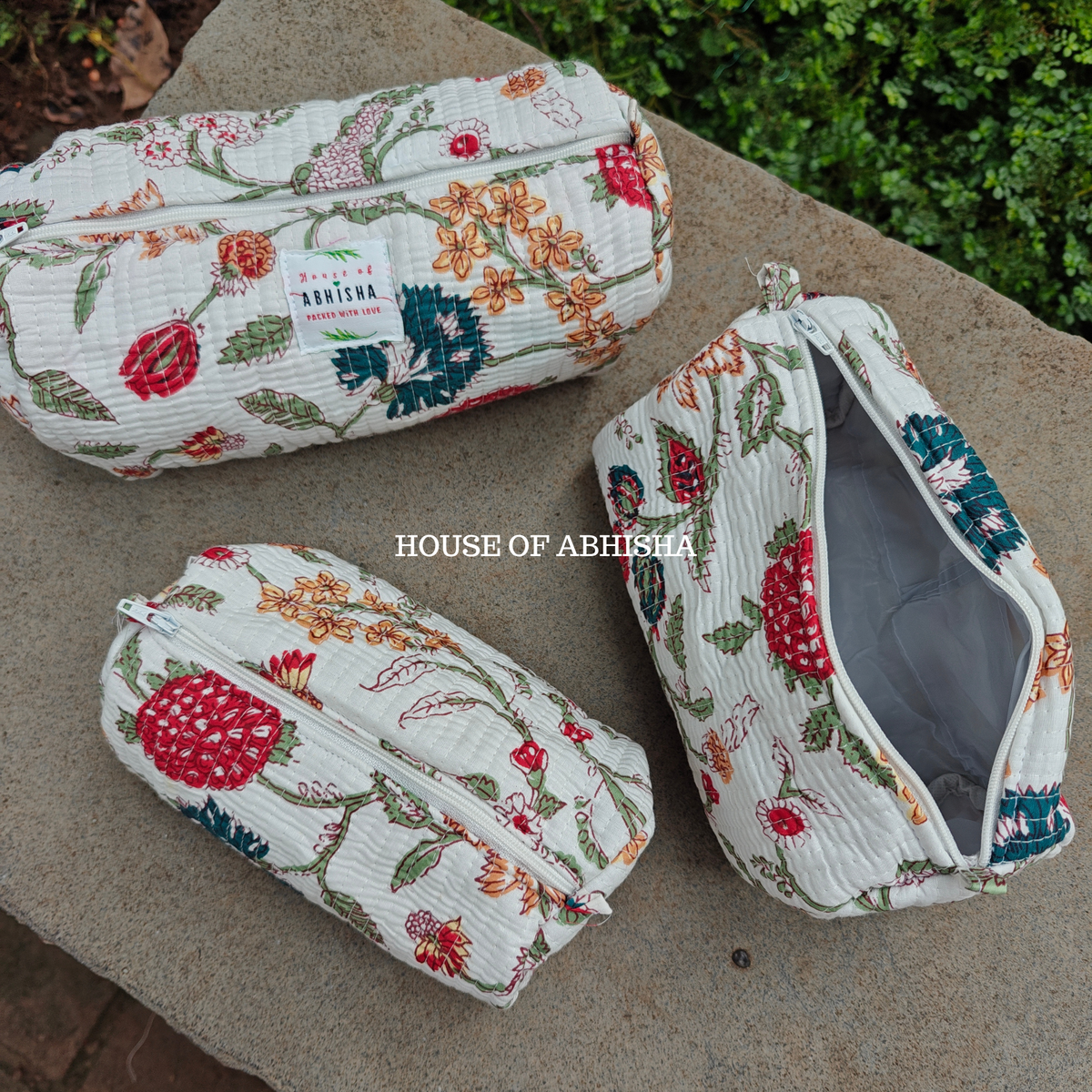 Rajnigandha Quilted Cotton Tote Bag + Pouch (Set of 3) Combo