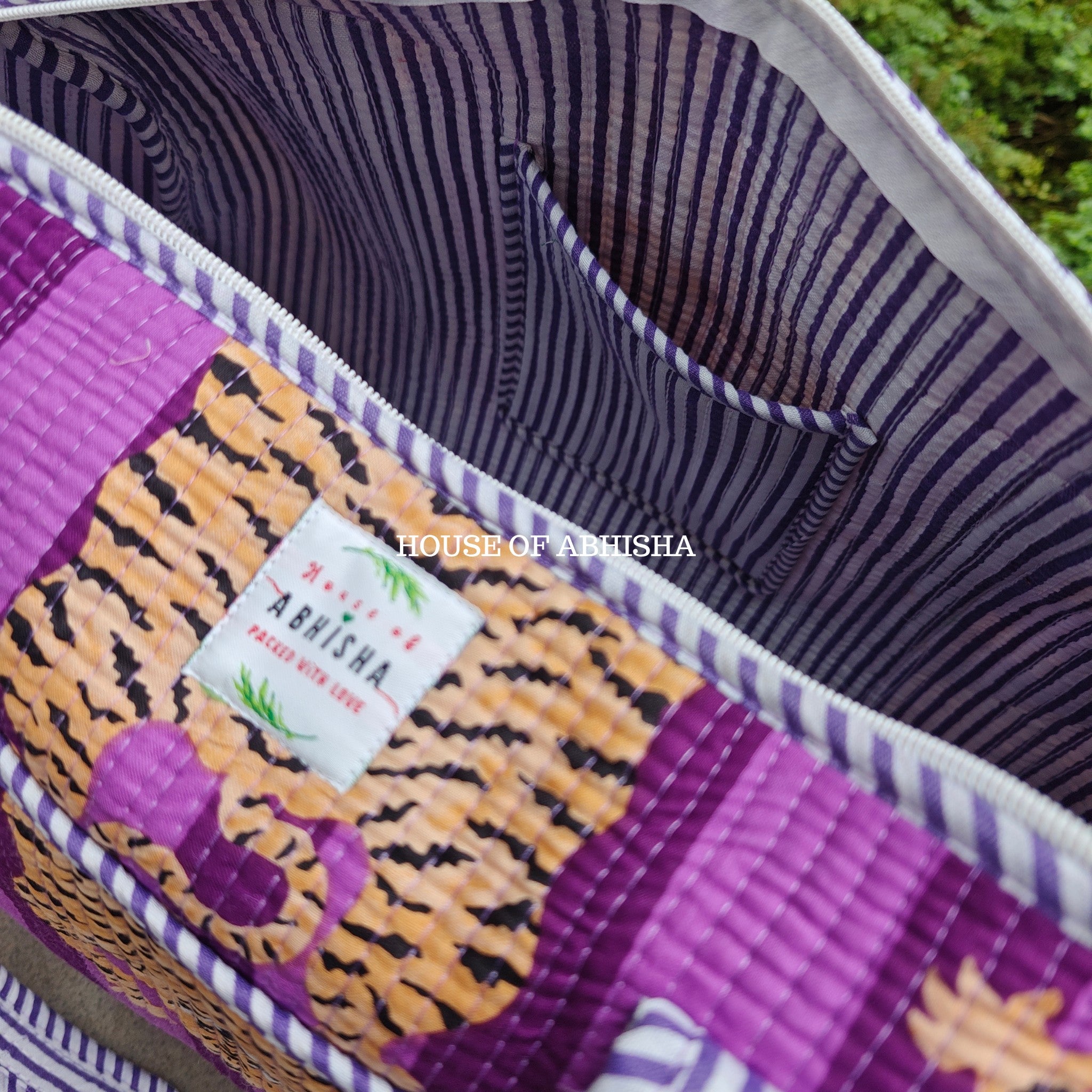 Block Printed Quilted Striped Purple Tiger Duffle Bag